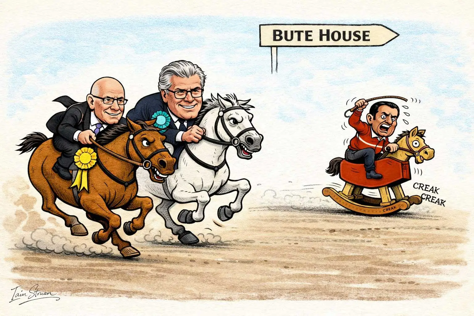 Anas Sarwar on a wooden rocking horse with John Swinney and Malcolm Offord galloping past him