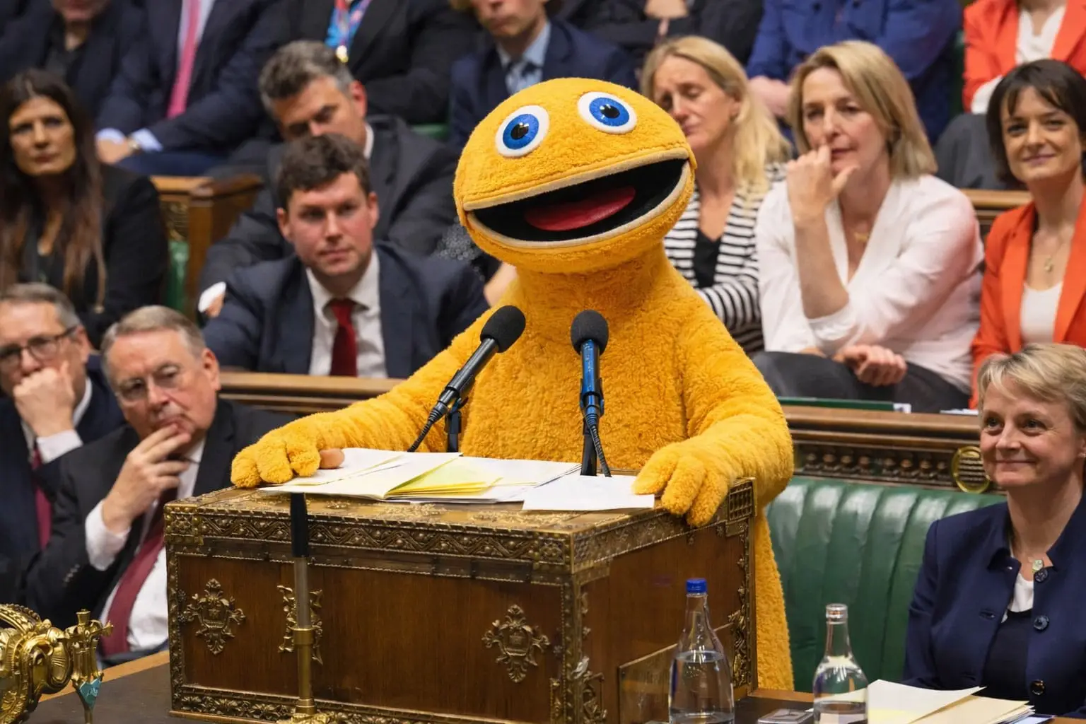 Zippy standing at the podium in Westminster surrounded by other Labour politicians