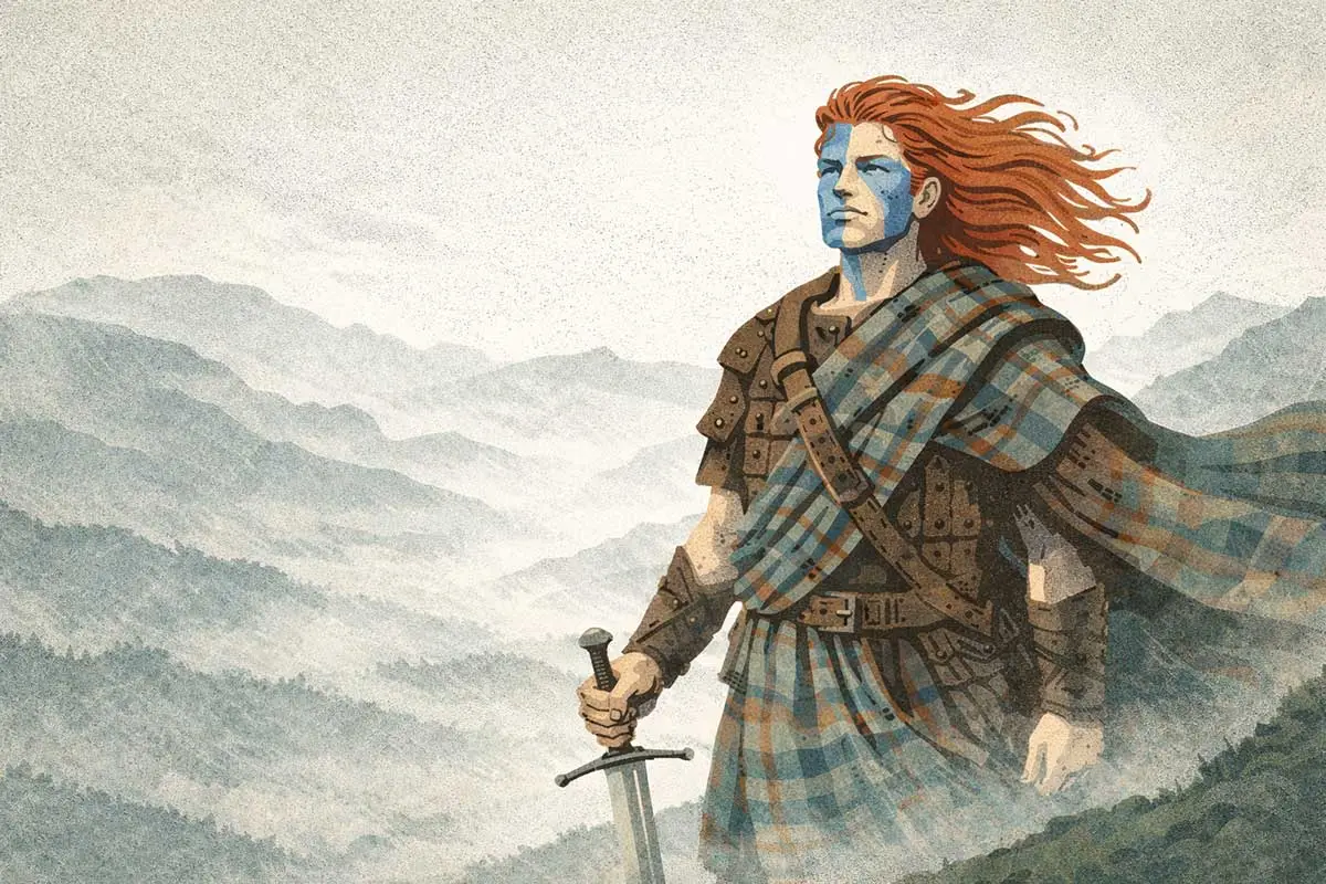 Illustration of a Scottish Highland Warrior looking over misty Glens