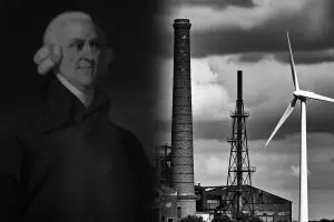 A famous painting of Adam Smith fading into an industrila scene whith a wind turbine