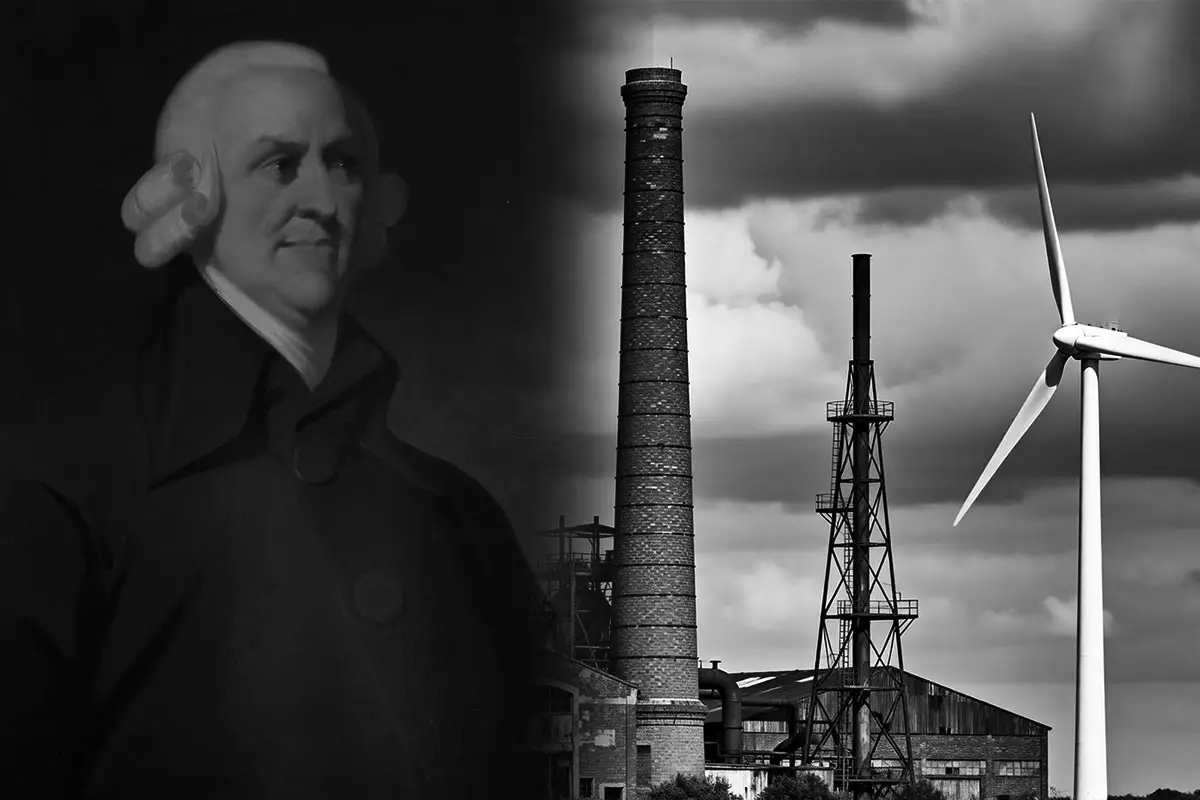 A famous painting of Adam Smith fading into an industrila scene whith a wind turbine