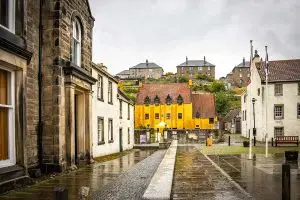 Street in a Scottish town with colourful houses