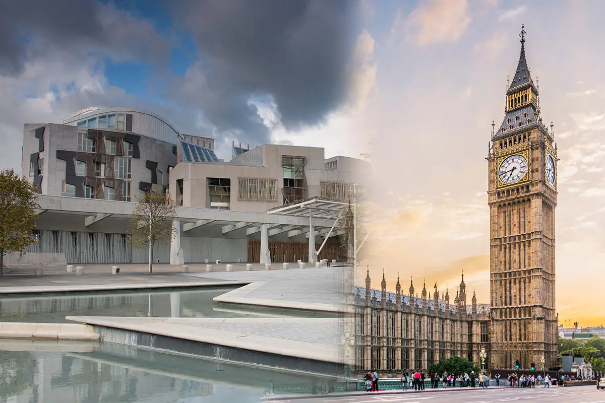A collage of Westminster fading into Holyrood