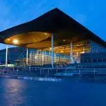 The Welsh Senedd at dusk