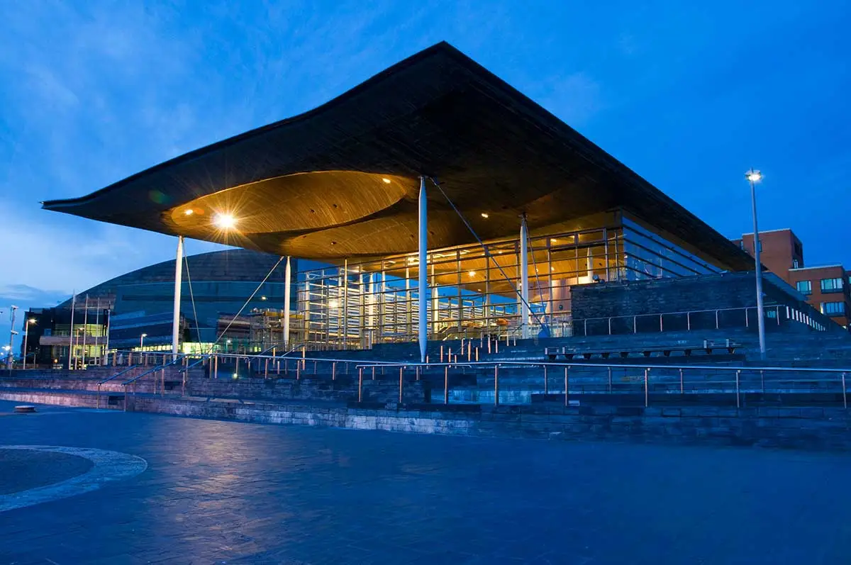 The Welsh Senedd at dusk