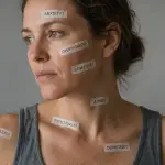 Woman with diagnostic labels on her skin illustrating over-diagnosis and medicalisation of normal traits