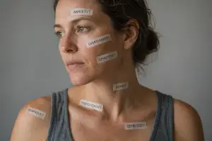 Woman with diagnostic labels on her skin illustrating over-diagnosis and medicalisation of normal traits