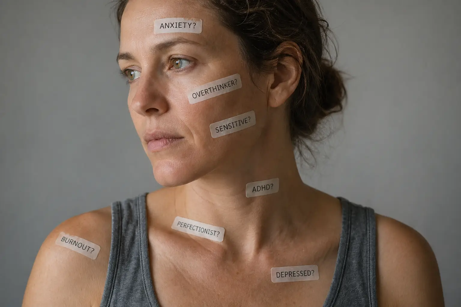 Woman with diagnostic labels on her skin illustrating over-diagnosis and medicalisation of normal traits