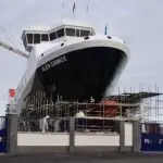 MV Glen Sannox with painted windows at Ferguson Marine