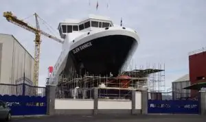 MV Glen Sannox with painted windows at Ferguson Marine