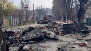 Wreckage of a destroyed Russian column in Bucha