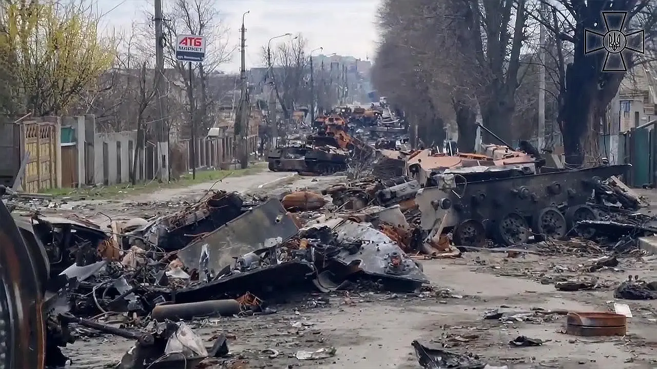 Wreckage of a destroyed Russian column in Bucha