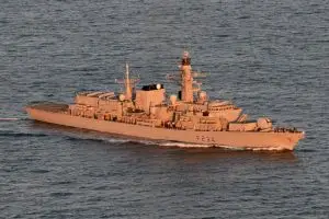 HMS Iron Duke (F236), a Type 23 Frigate of the Royal Navy, at sea off the coast of Jersey