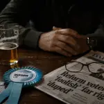 A Reform UK rosette beside a pint glass and newspaper headlines accusing voters of extremism in a dimly lit pub.