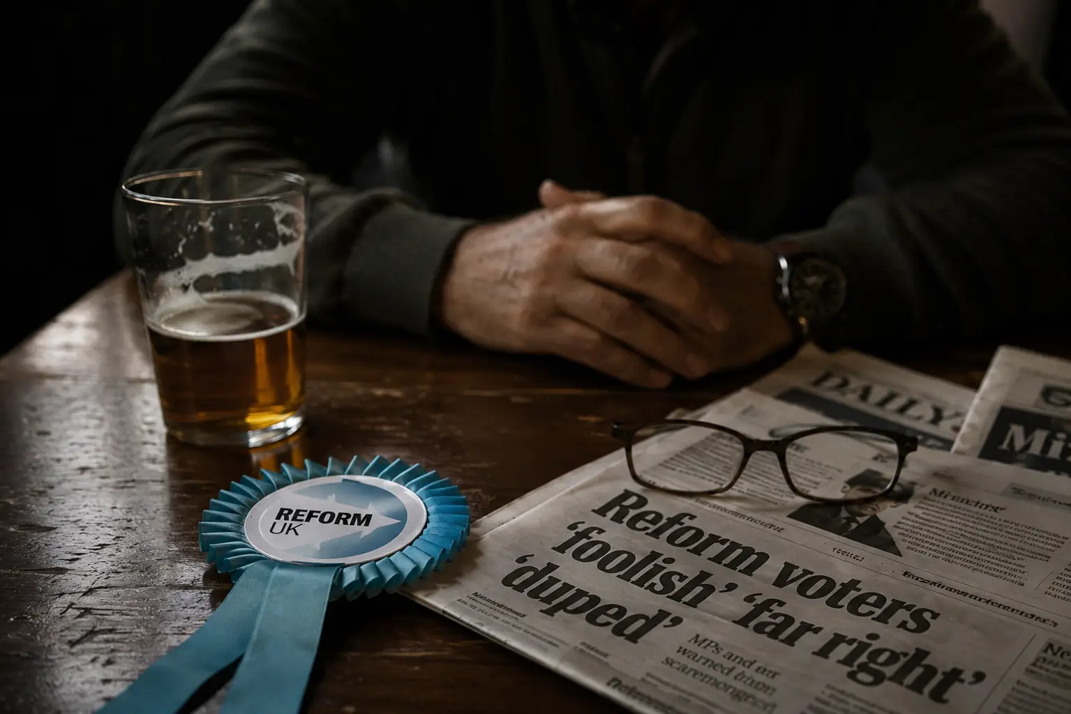 A Reform UK rosette beside a pint glass and newspaper headlines accusing voters of extremism in a dimly lit pub.