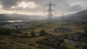 Pylons and overhead cables near houses