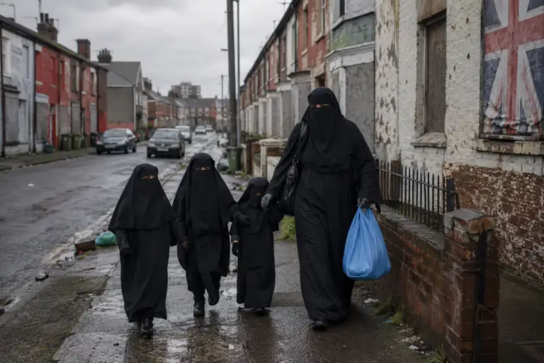 Woman and children in burkas walking along a run-down UK residential street.