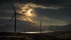 Wind turbines during an eclipse